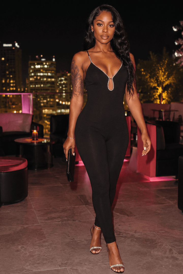Glam Life Rhinestone Plunge Jumpsuit